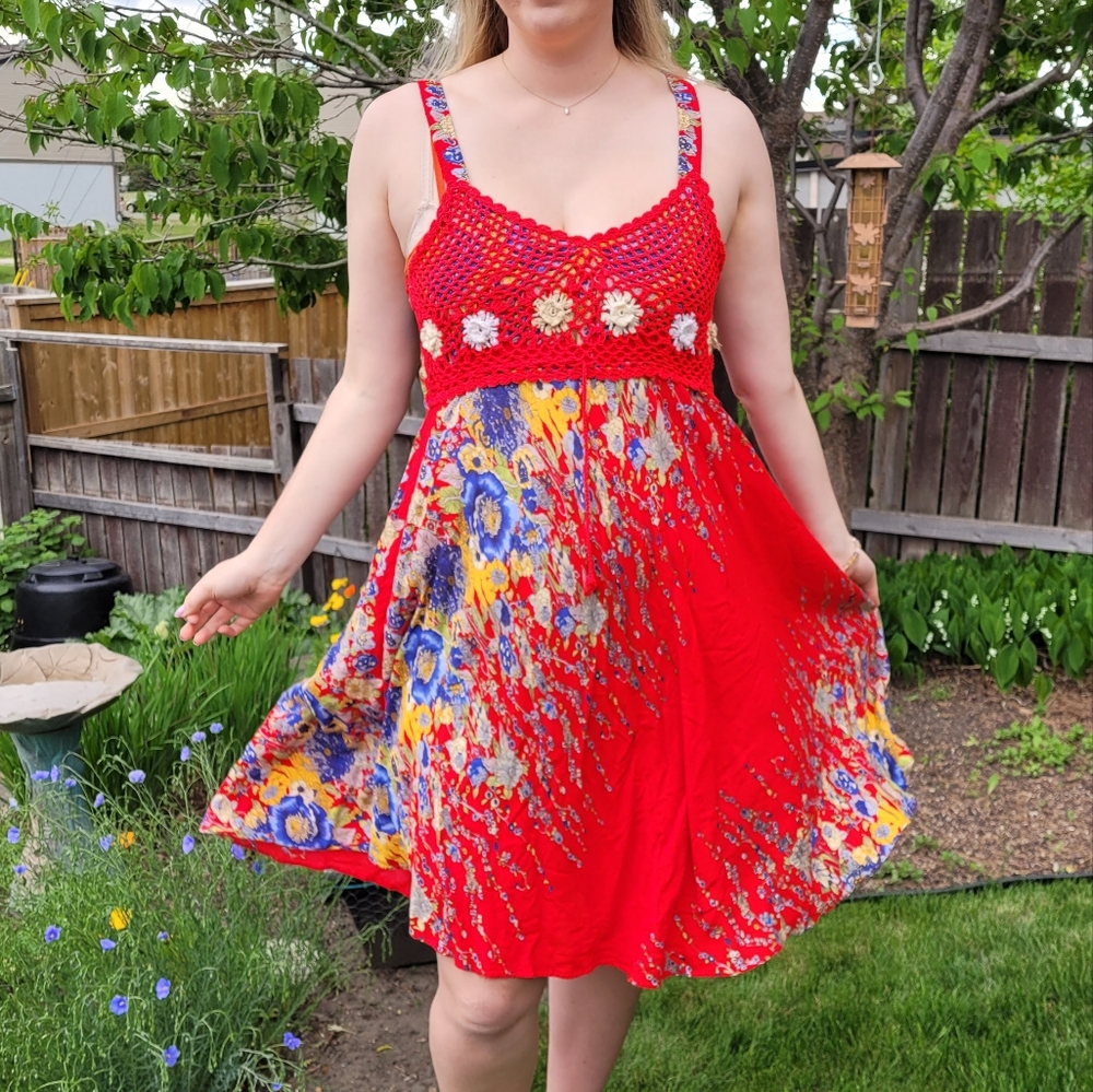 Red crochet floral handkerchief dress